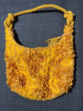 Yellow Beaded & Sequin Shoulder Bag with Knotted Handle